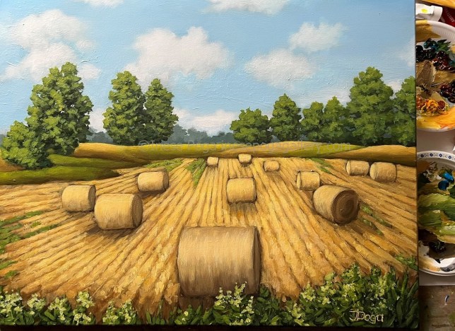 Show time Hay bales, large acrylic painting, nature painting