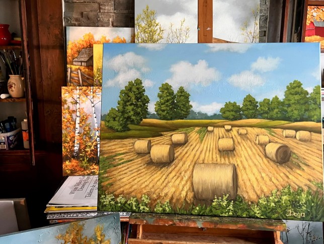 hay bales, autumn fields on easel