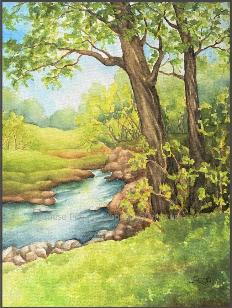 Nature painting in watercolor, trees over creek