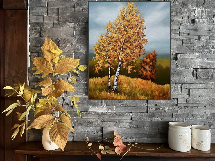 Golden birch, acrylic painting