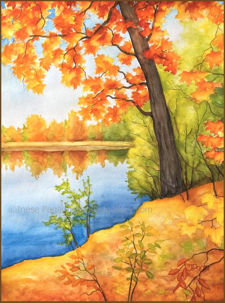 Shop watercolor paintings, Autumn landscape with maple tree