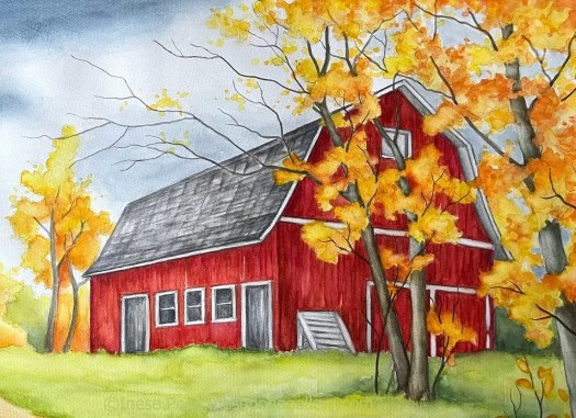Red barn painting in watercolor