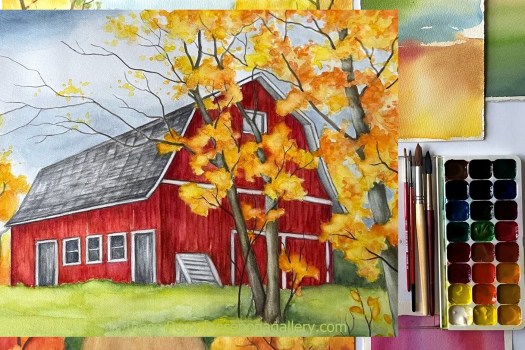 Watercolor pencil and watercolor wash painting of red barn