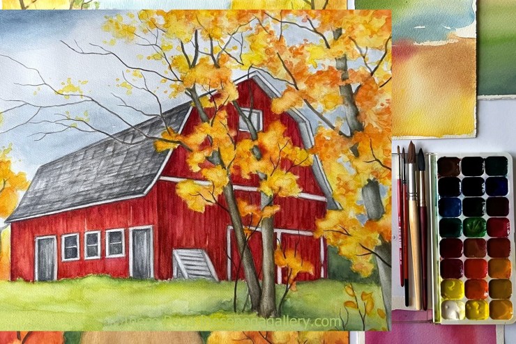 Watercolor pencil and watercolor wash painting of red barn