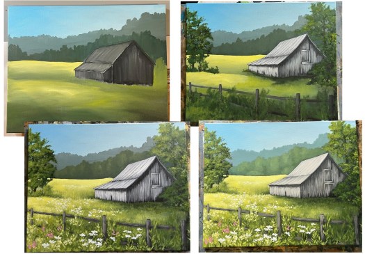 Steps for old barn acrylic painting