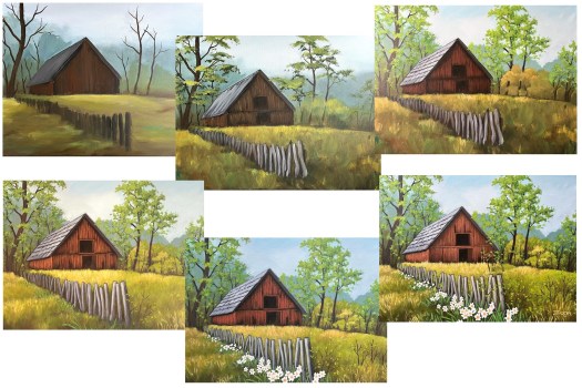 Spring landscape painting with barn, painting steps