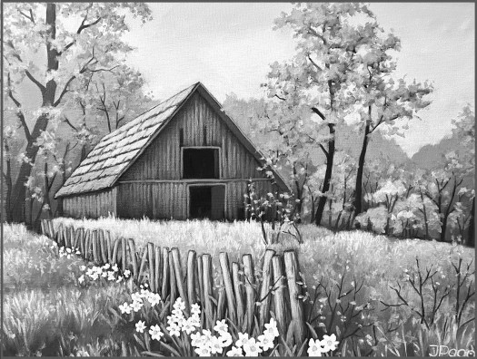 Spring landscape with barn, black and white version