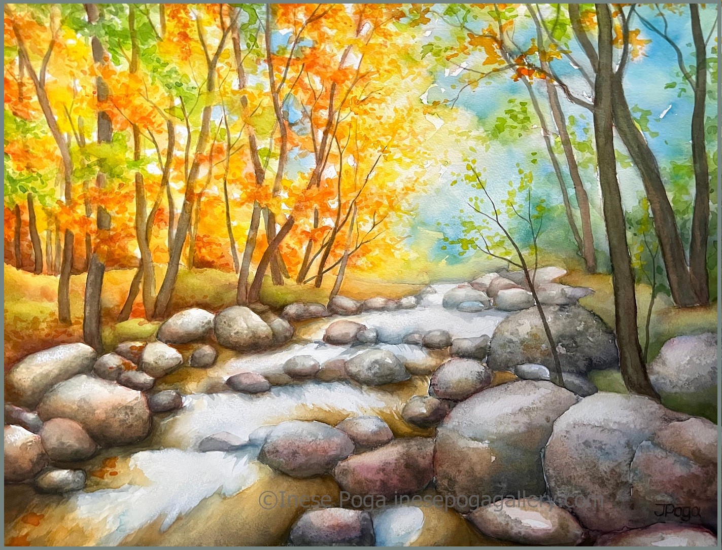 Autumn creek, fall colors watercolor painting