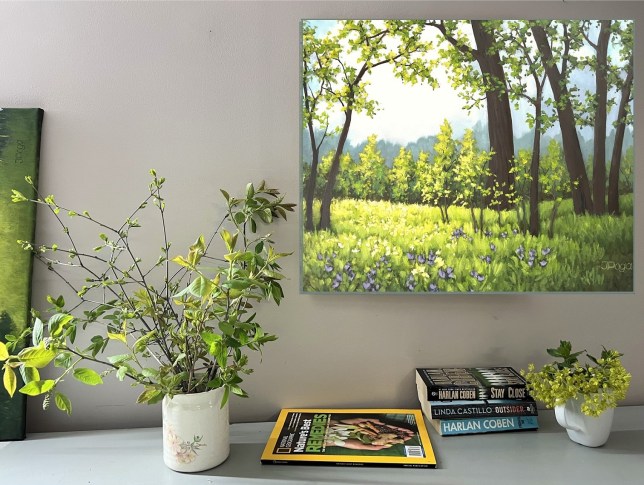 Spring landscape painting with blooming grasses and trees