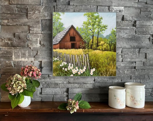 Barn, spring landscape painting on studio wall
