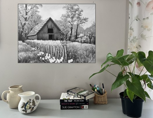 Black and white version of spring landscape on studio wall