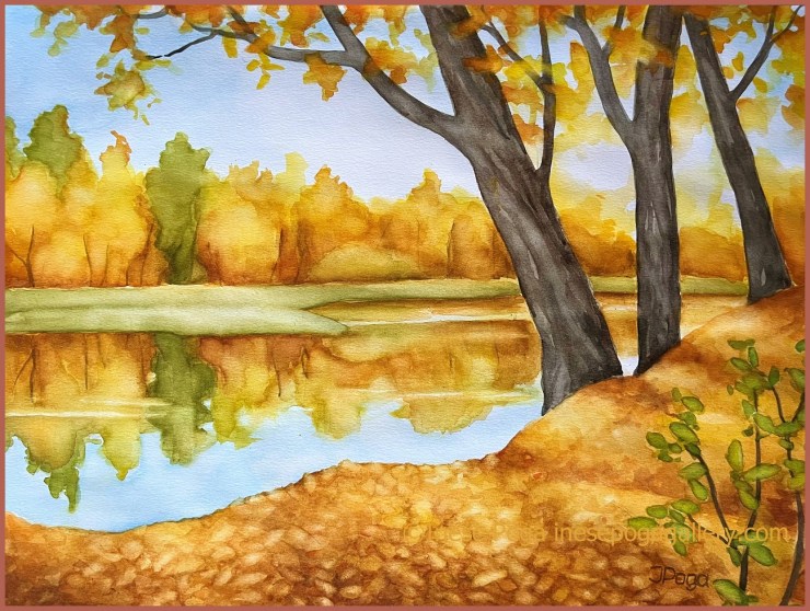 Fall colors landscape in watercolor