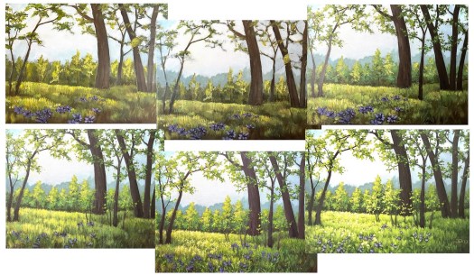 Steps of landscape painting, evolution of blooming grasses and trees
