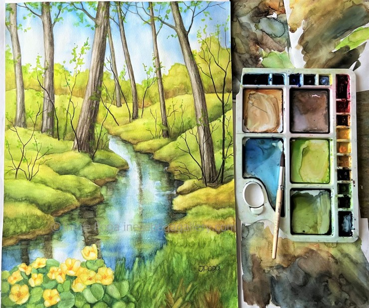 Sunny spring creek watercolor