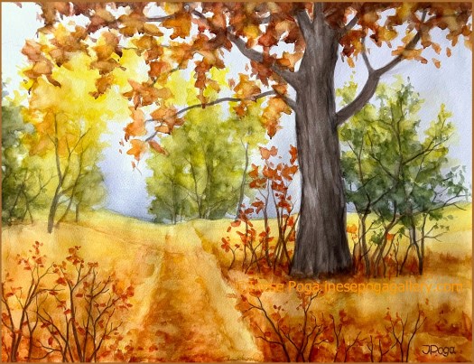 Watercolor autumn landscape, fall colors and style