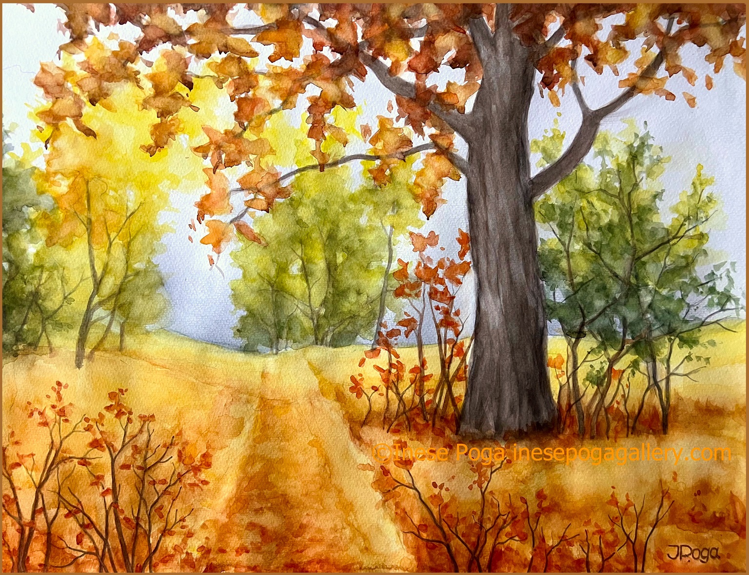 Watercolor autumn landscape, fall colors and style