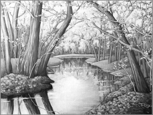 Black and white art print of spring creek painting