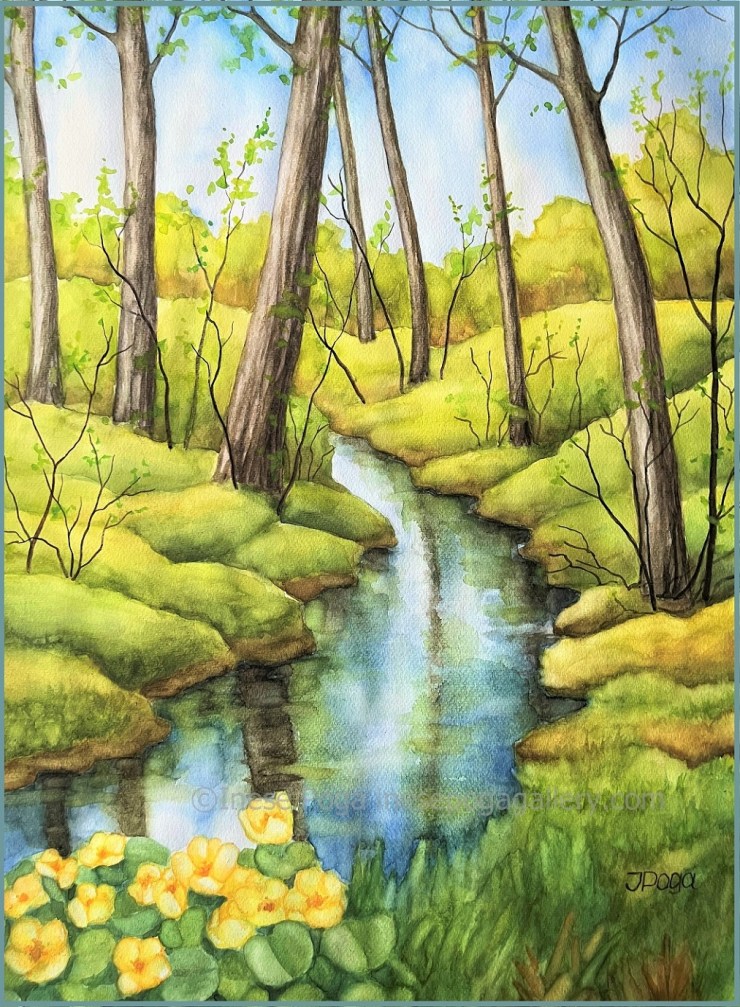 Spring landscape, creek watercolor painting