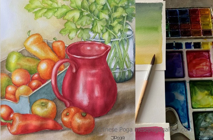 Red color in large still life paintings, watercolor