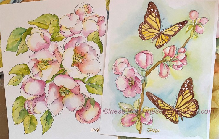 Watercolor painting, butterflies and spring, creativity