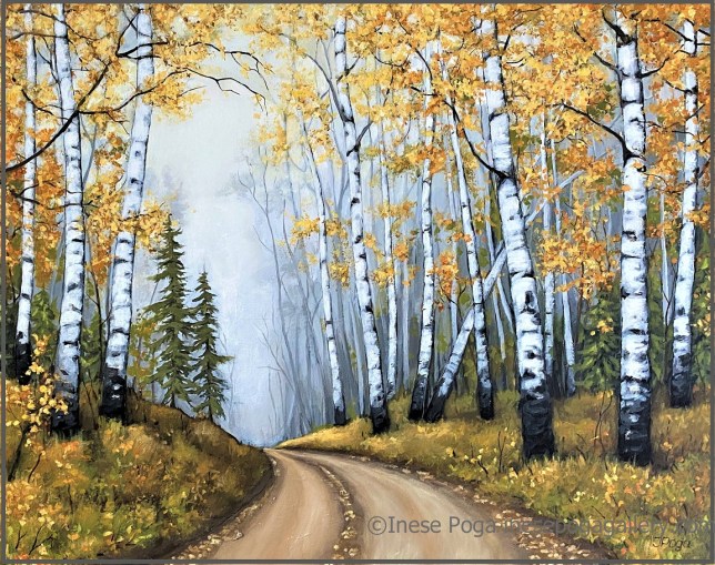 Birch forest painting, autumn trees in acrylic