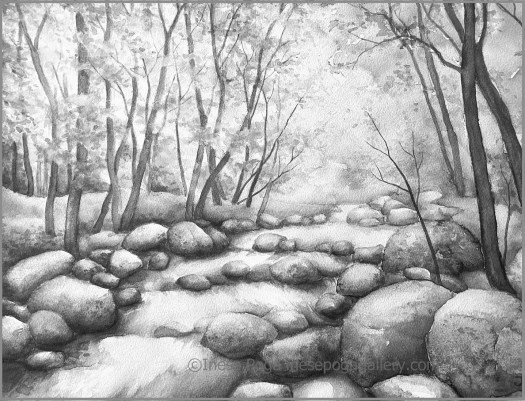 Black and white painting version of autumn creek painting