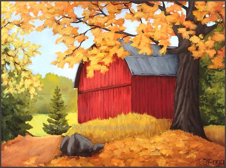 Red barn, acrylic painting, nature painting