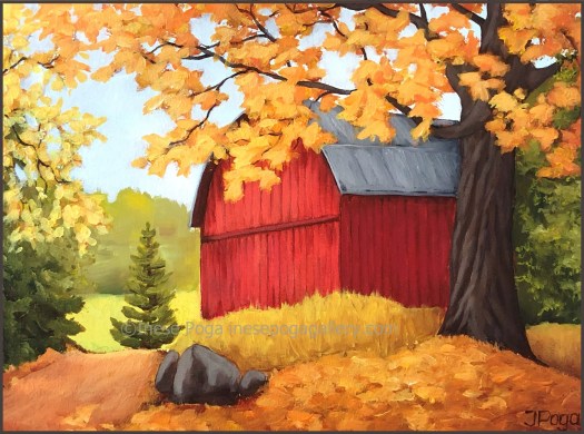 Red barn, acrylic painting, nature painting