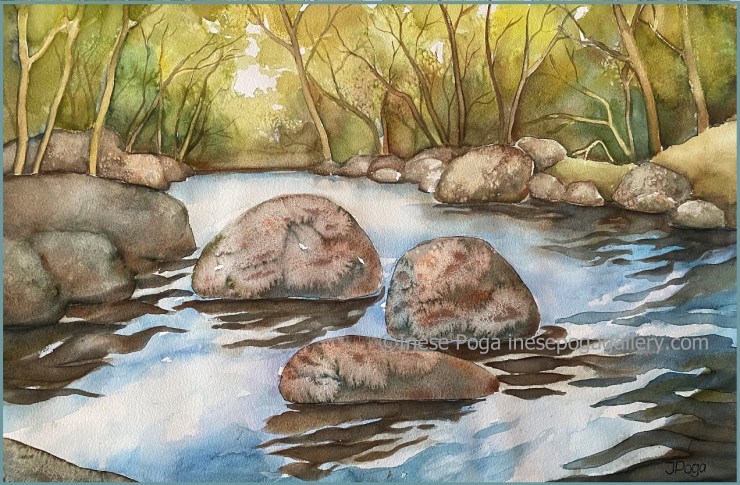Watercolor painting, water and rocks
