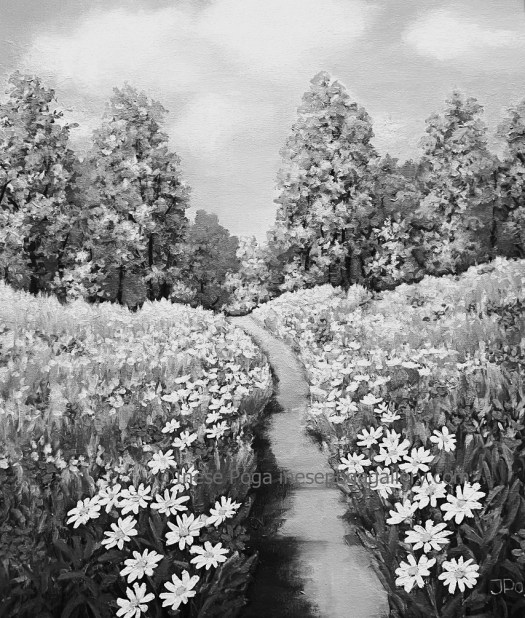 Blue sky over summer meadows black and white version