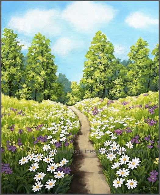 Blue sky over summer meadows framed landscape painting