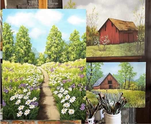 Blue sky over summer meadows on the easel