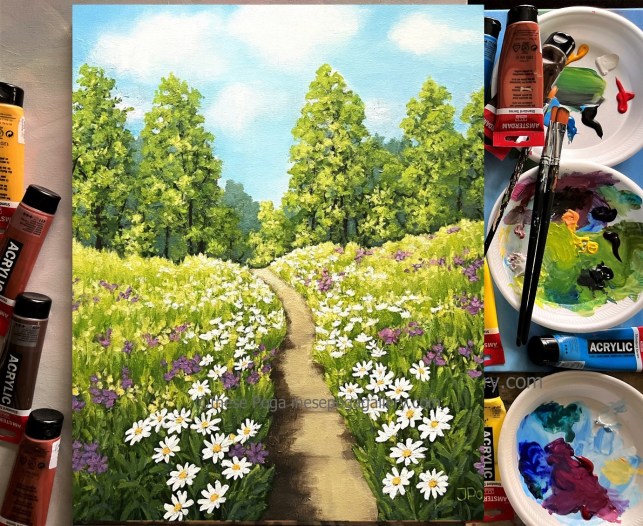 Blue sky over summer meadows painting with art supplies