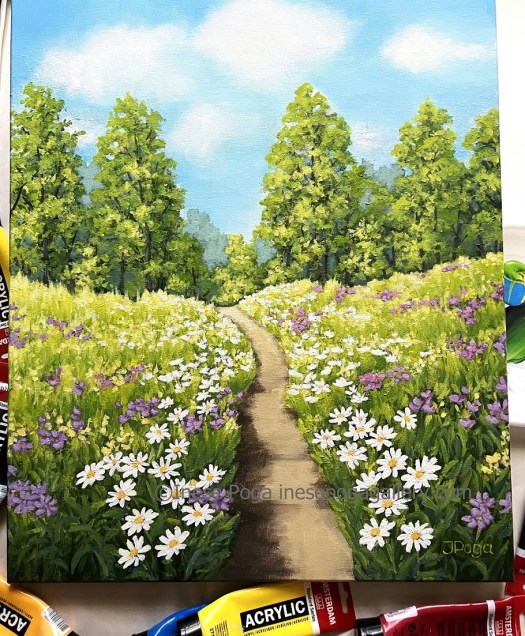 Blue sky over summer meadows, summer landscape painting
