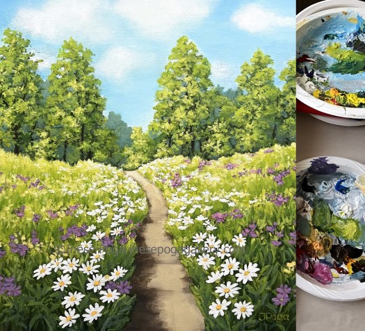 Blue sky over summer meadows acrylic painting
