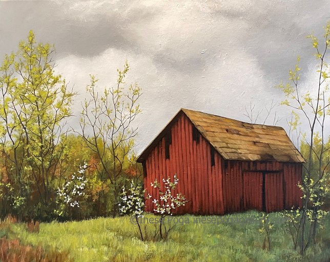 Early spring with red country barn, acrylic painting for show