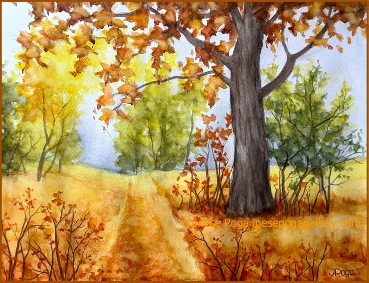 Golden fall landscape in watercolor