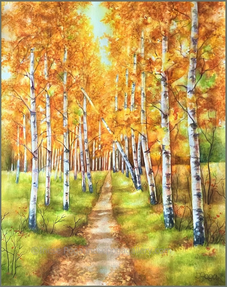 Birch road, huge watercolor painting for sale