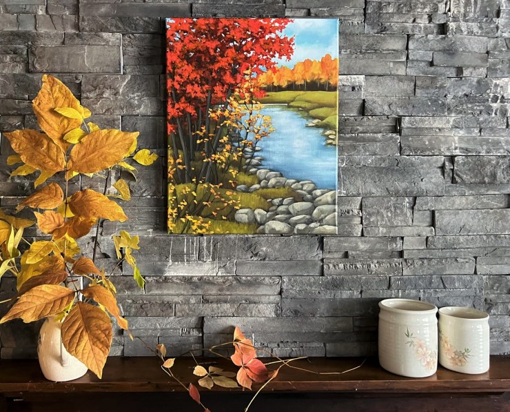 Red fall trees, landscape painting