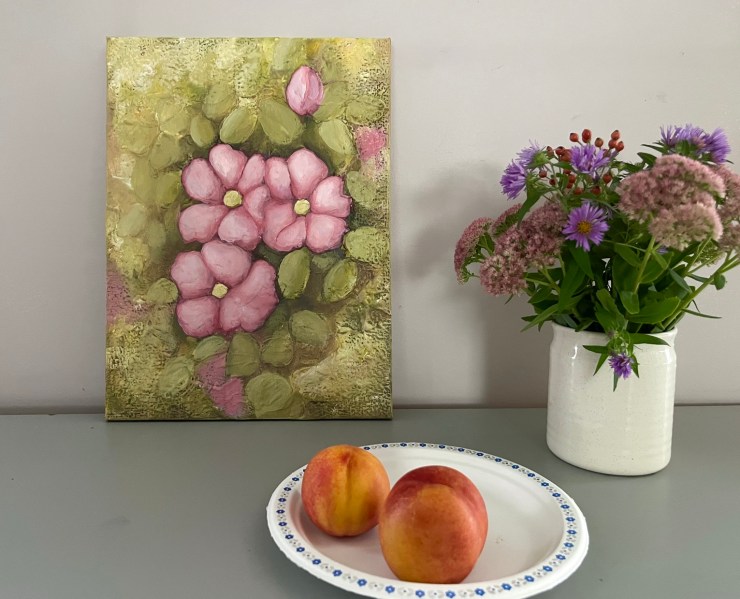 Pink flowers with texture, acrylic
