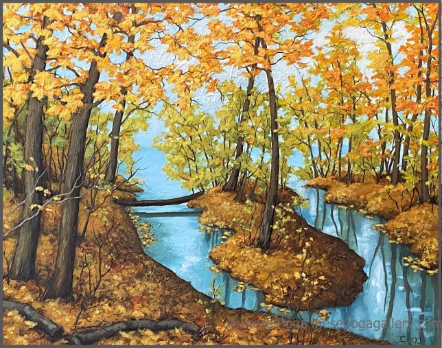 Autumn trees and creek, large acrylic painting of autumn trees on textured background