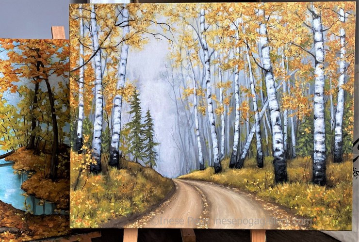 Birch road, acrylic painting
