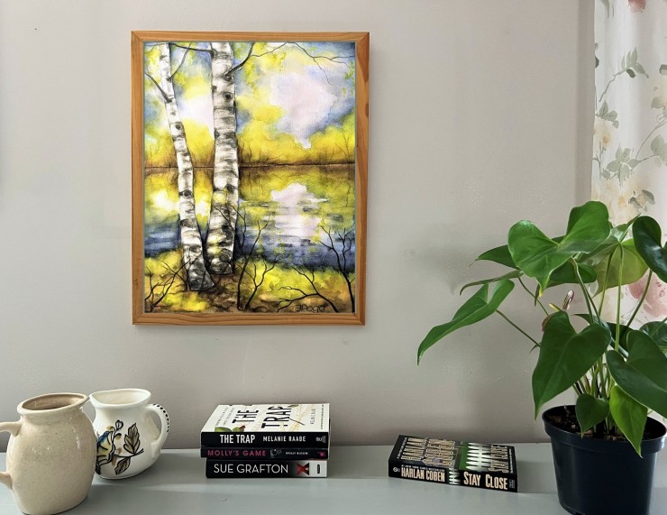 Landscape with white birch, spontaneous watercolor
