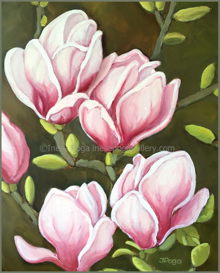 Pink magnolias, positive energy, flower painting