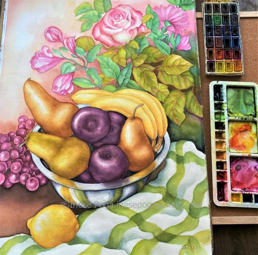 Still life with fruit and flowers, watercolor