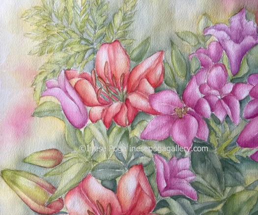 Pink flower painting in watercolor, large