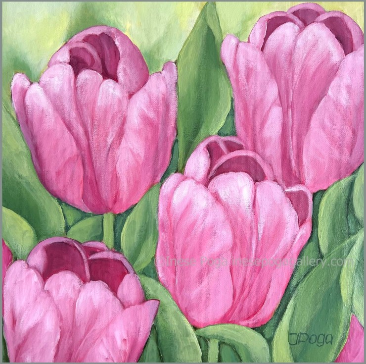Pink spring tulips, acrylic painting