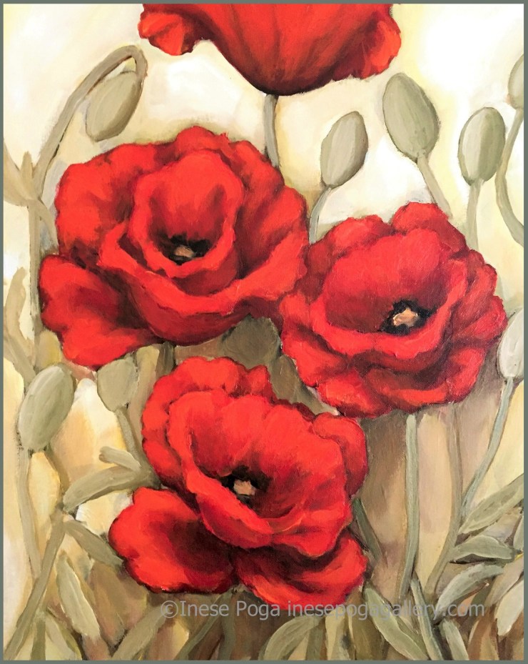 Bright red poppies, acrylic painting