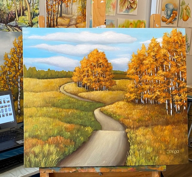 September fields and birch road painting in acrylic