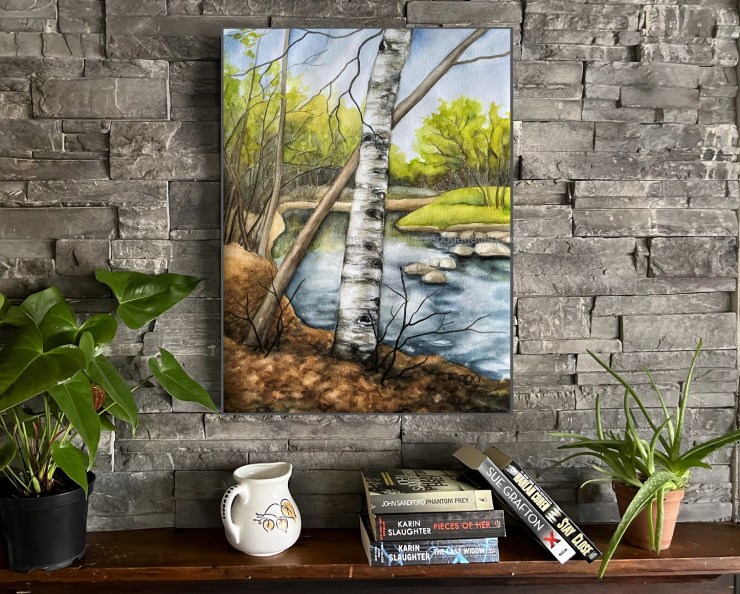 Spring landscape with birch, watercolor painting